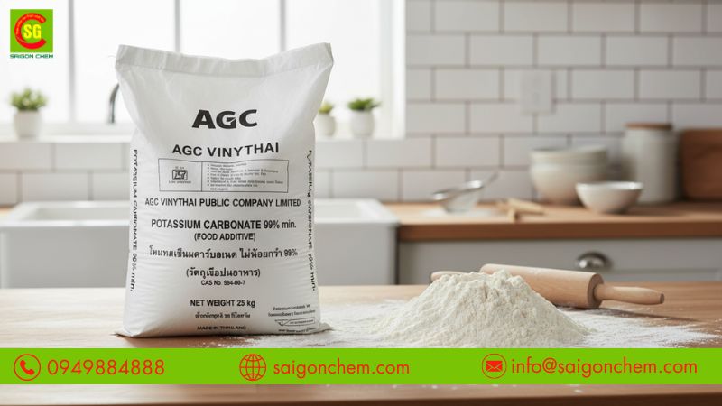 K2CO3 dạng bột trắng, dễ tan và có tính kiềm