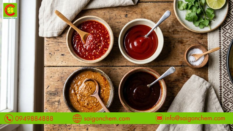 Tương ớt và sa tế có màu sắc hấp dẫn